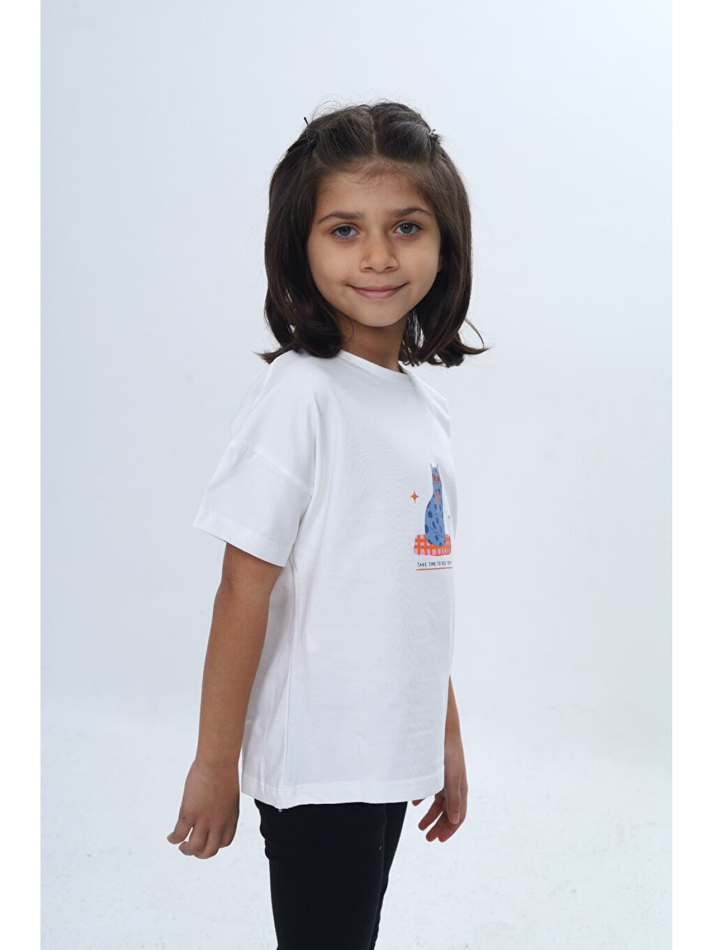 Ekru Kız Çocuk Baskılı Bisiklet Yaka Kısa Kollu Tişört 24979-1