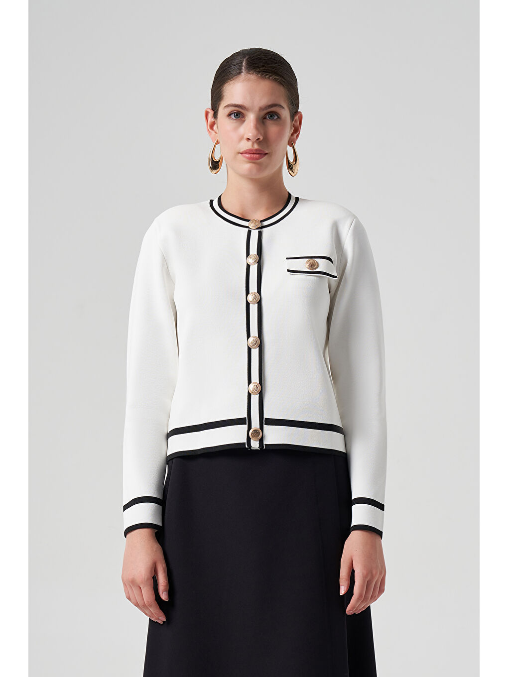 Merserize Triko Düğme Detay Kısa Hırka 1114 Ekru-1