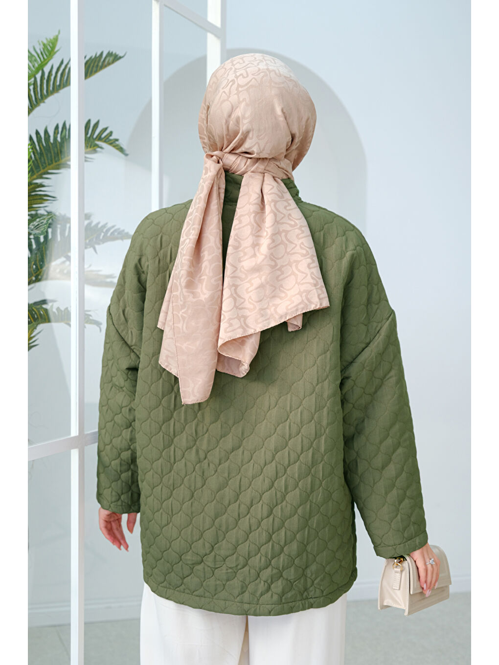 Kendinden Desenli Ön Bağlamalı Kimono Haki Yeşil-3