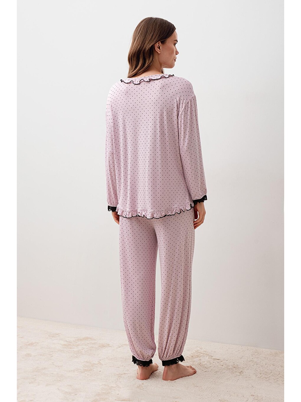 Pembe Uzun Kollu Puantiyeli Dantelli Paçası Lastikli Elastanlı Viskoz Pijama Takım 20208-4
