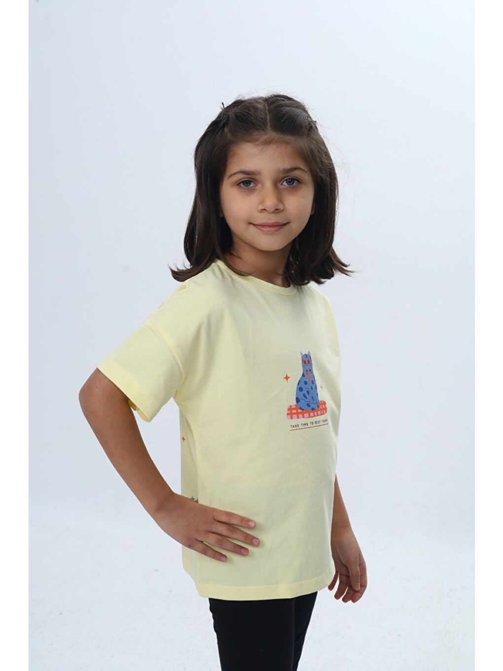 Sarı Kız Çocuk Baskılı Bisiklet Yaka Kısa Kollu Tişört 24979-2