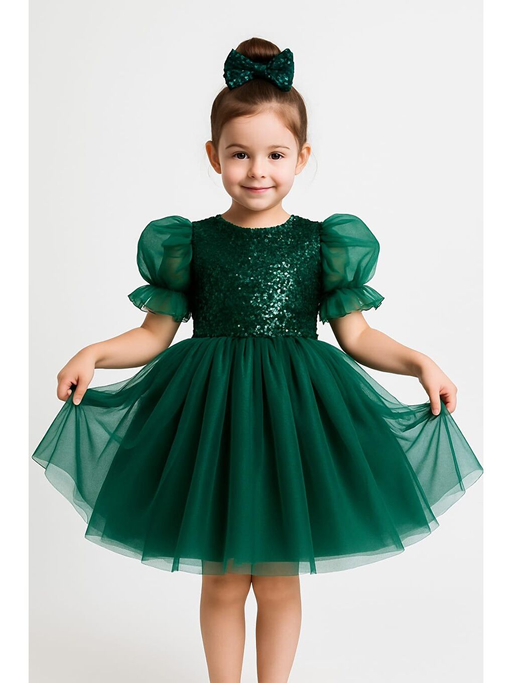 Yeşil Balon Kol Pul Payet Kız Çocuk Tütü Elbise M00751