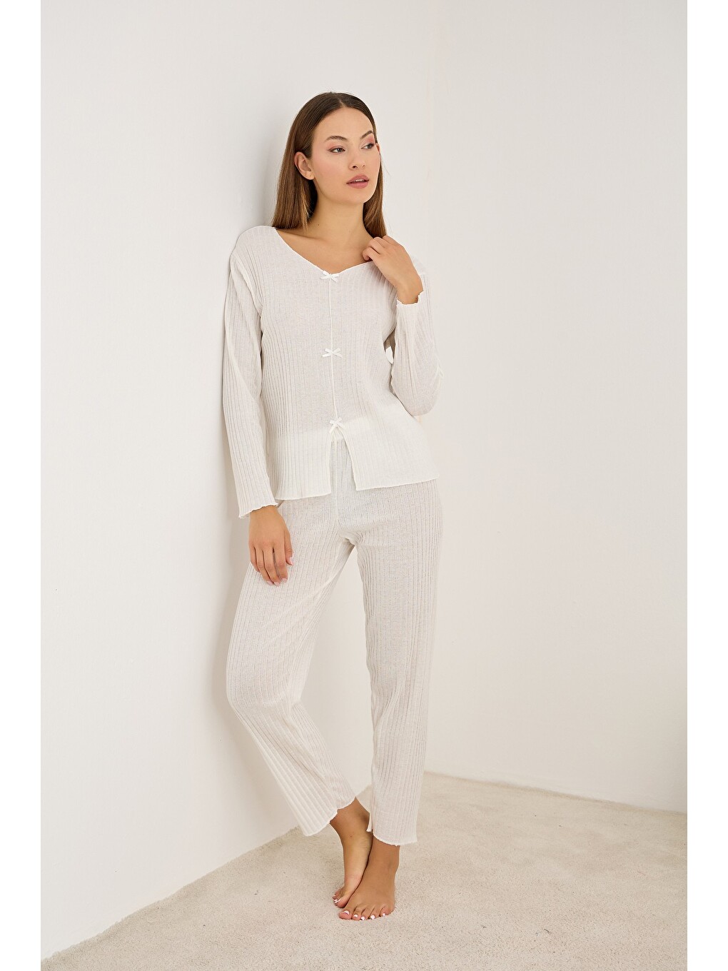 Ekru Fitilli Kaşkorse Uzun Kollu Pijama Takım 7937