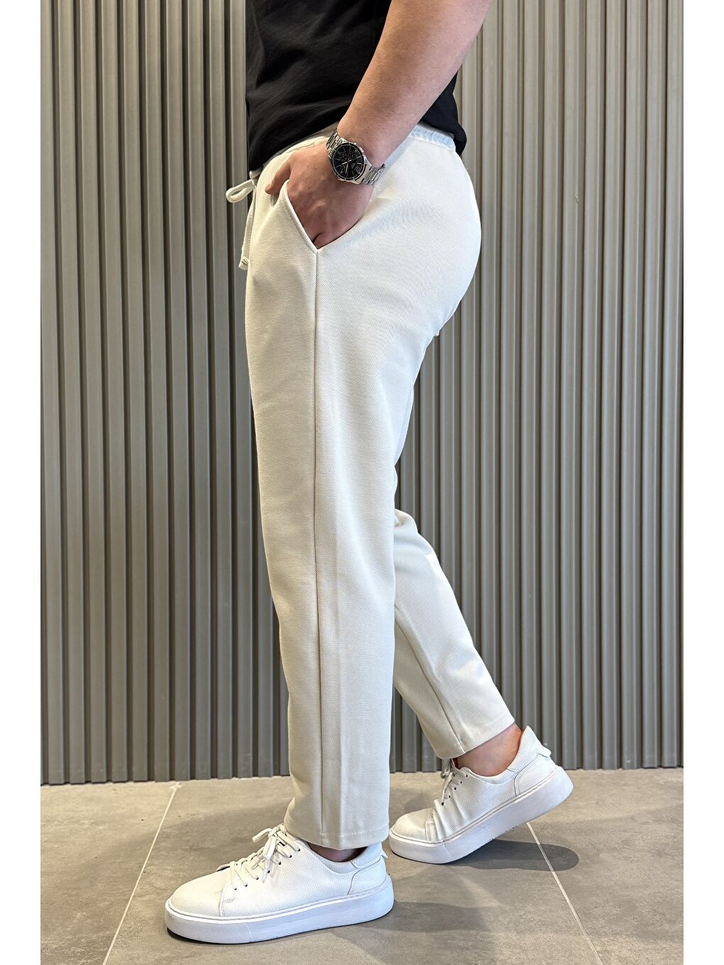 Bej Erkek Bel Bağcıklı Jogger Pantolon-1