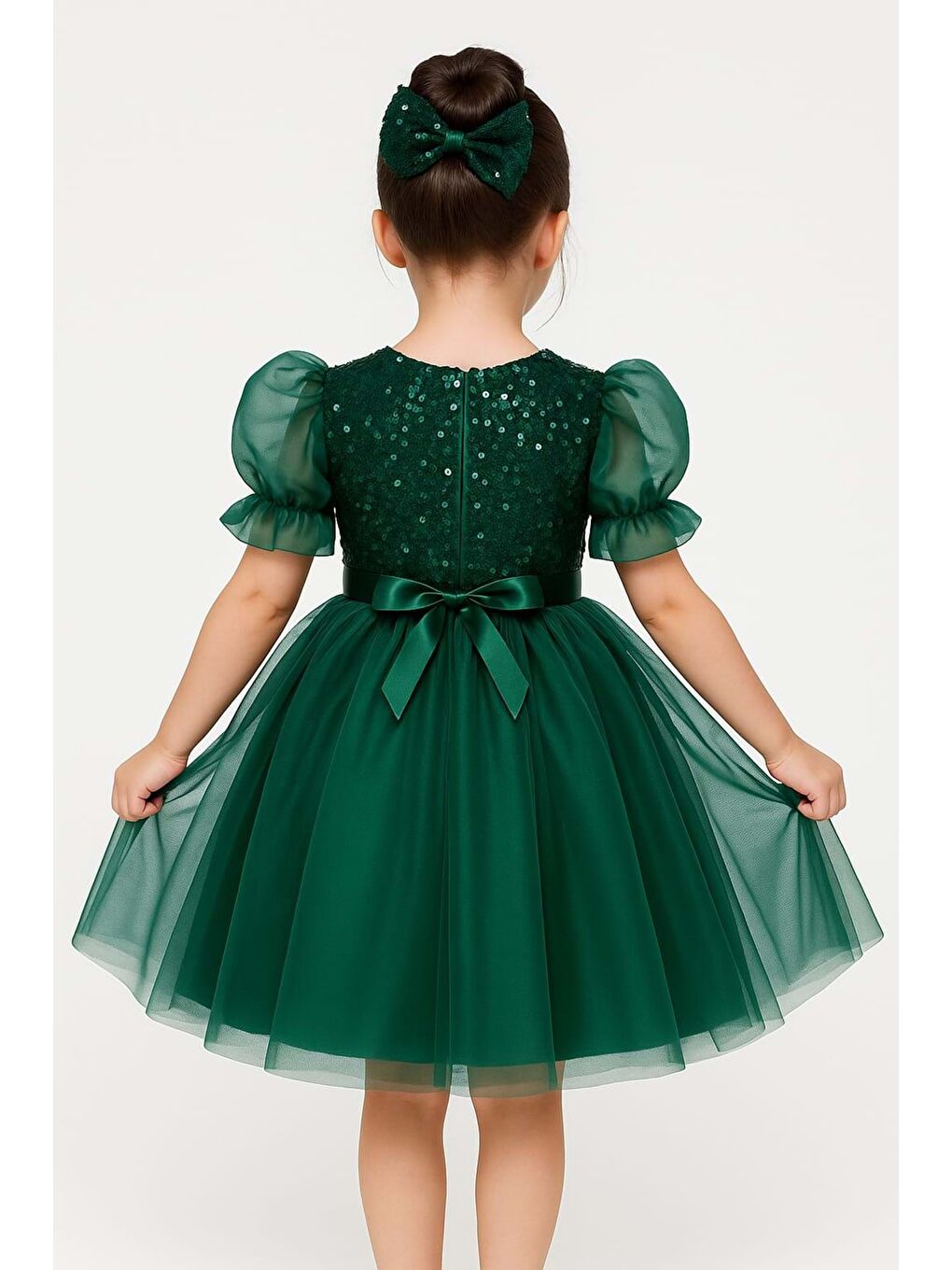 Yeşil Balon Kol Pul Payet Kız Çocuk Tütü Elbise M00751-1