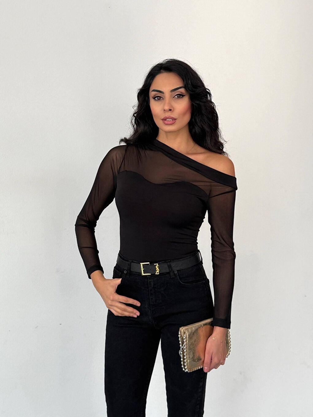 Siyah Sandy Kumaş Tül Detay Bluz-1