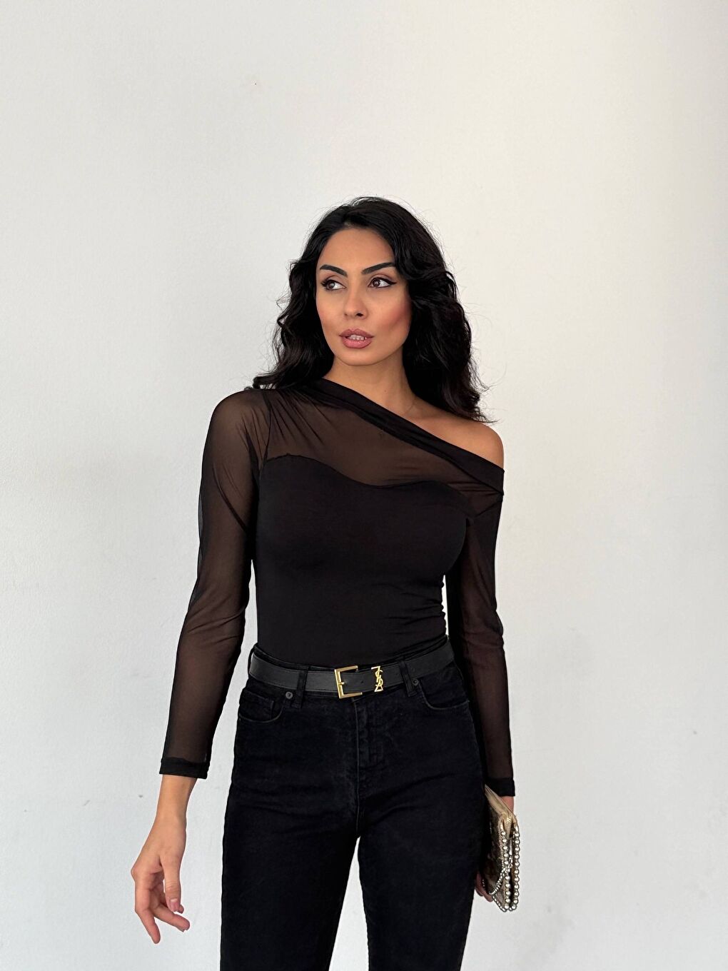 Siyah Sandy Kumaş Tül Detay Bluz-2