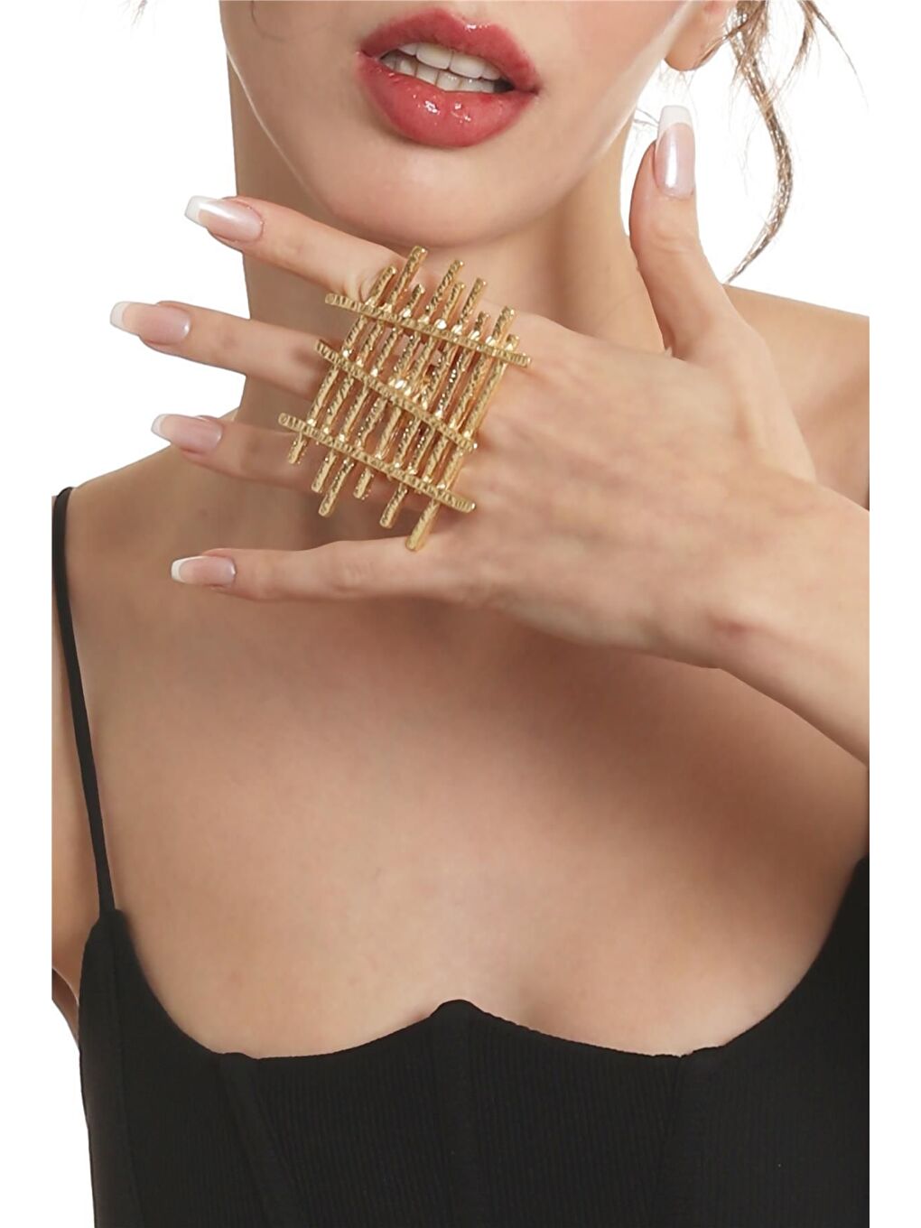 Sarı Kadın Mat Altın Kaplama Çit Model Ayarlanabilir Büyük Bohem Yüzük-2