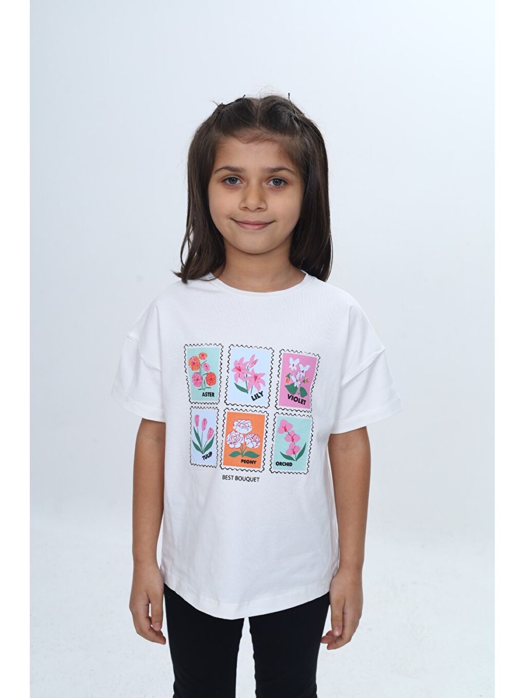 Ekru Kız Çocuk Baskılı Bisiklet Yaka Düşük Omuz Kısa Kollu Tişört 24982