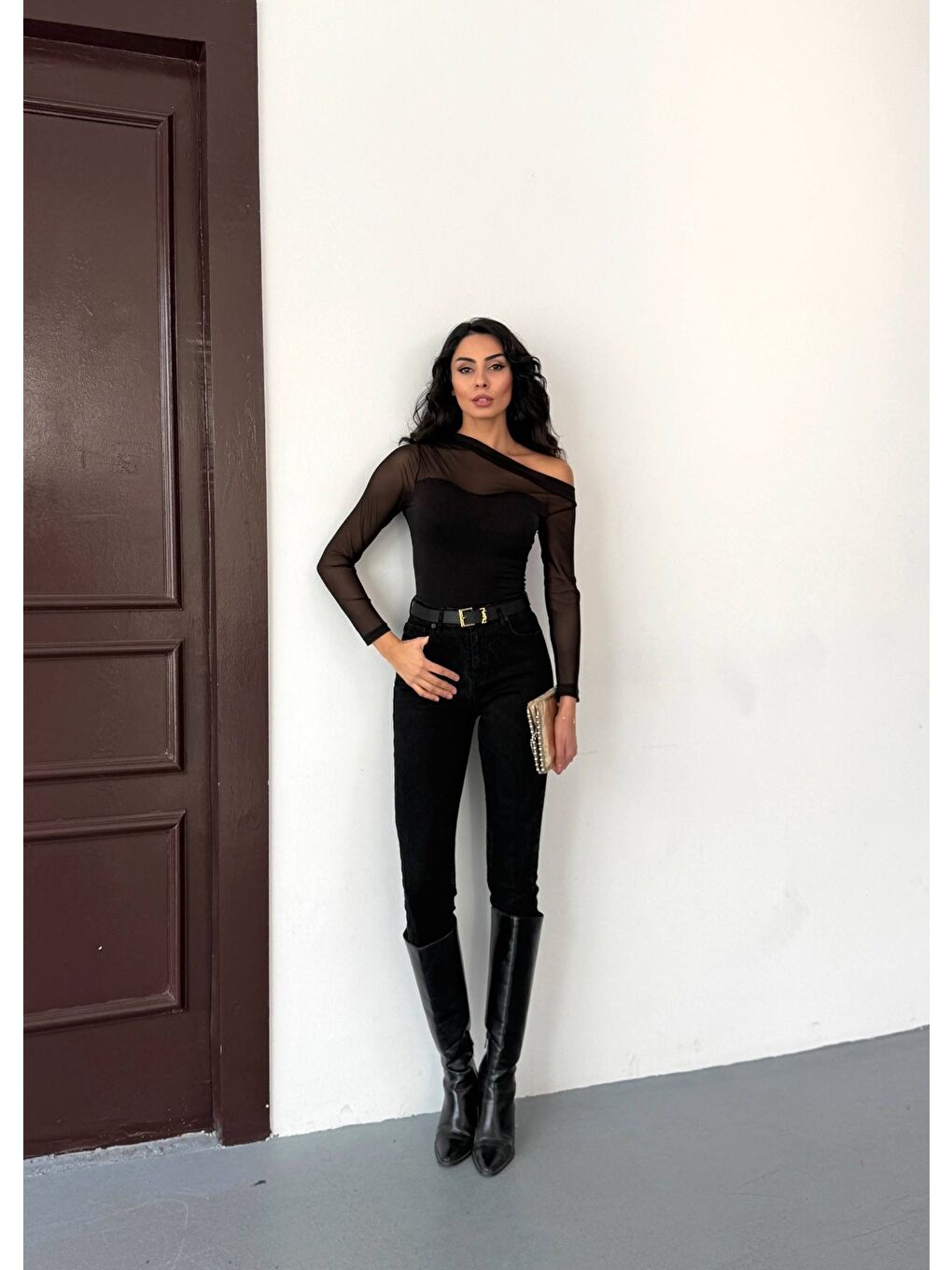 Siyah Sandy Kumaş Tül Detay Bluz-3