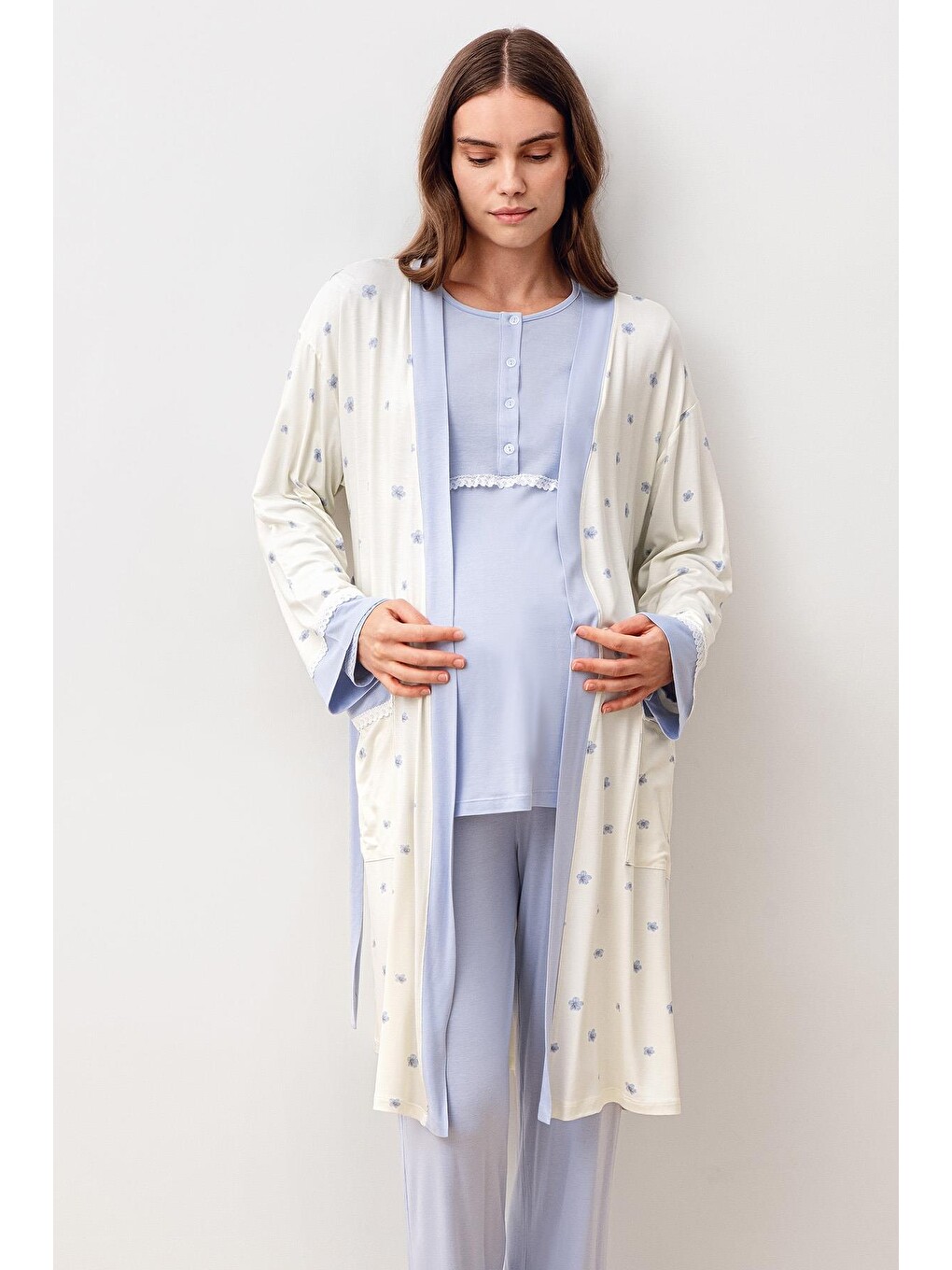 Mavi Uzun Kollu Düğmeli Desenli Elastanlı Viskoz Hamile Sabahlık Pijama Takım 20300-7