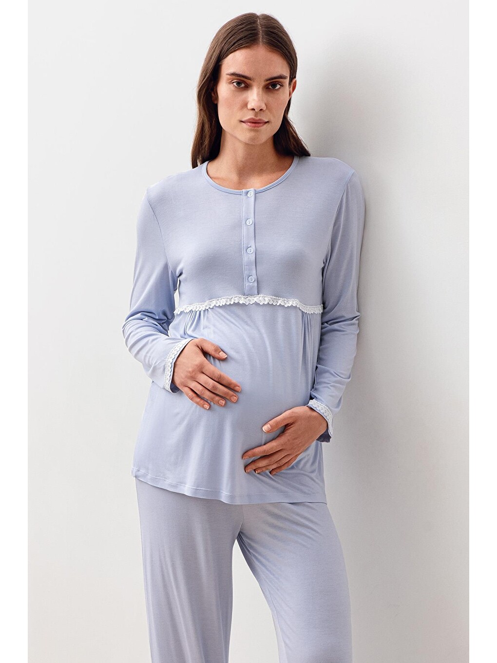Mavi Uzun Kollu Düğmeli Desenli Elastanlı Viskoz Hamile Sabahlık Pijama Takım 20300-8