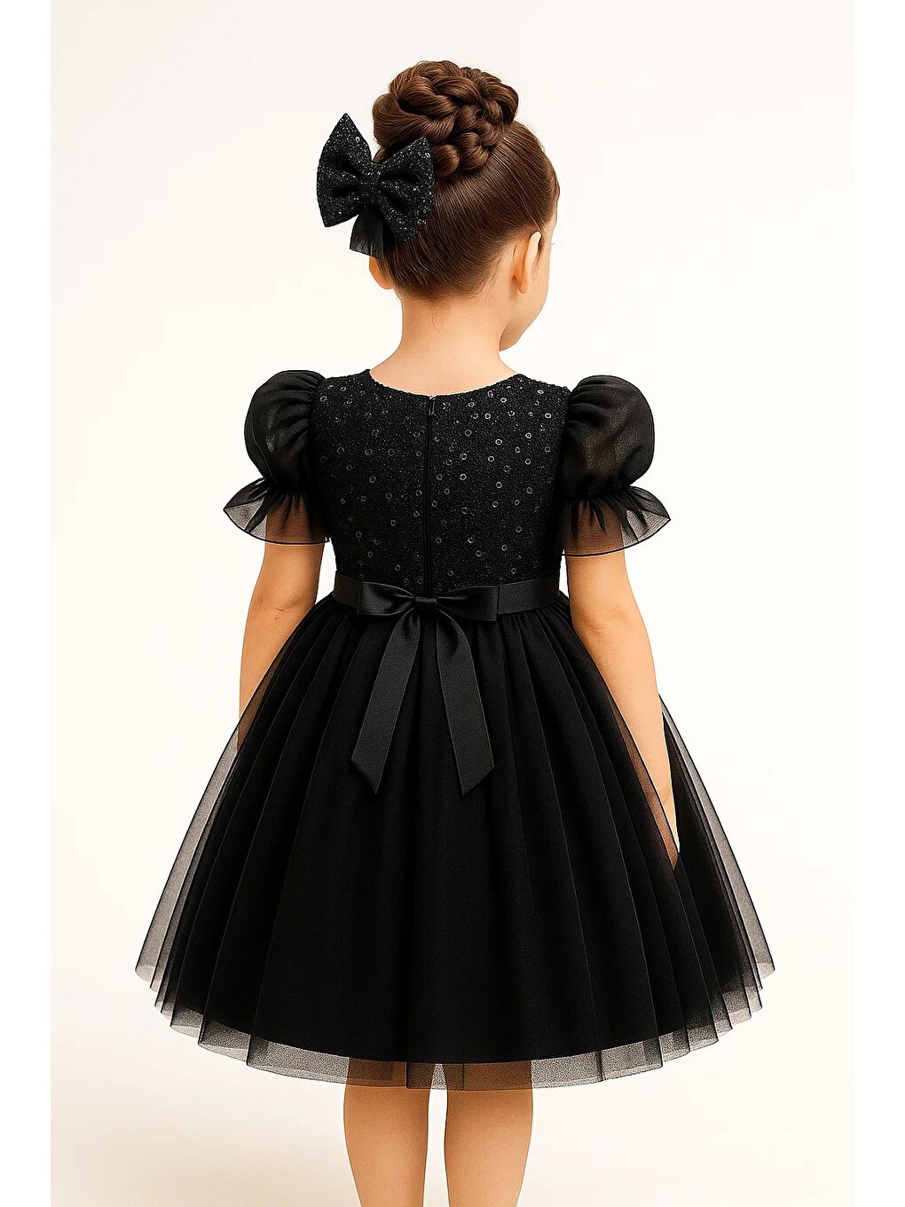 Siyah Balon Kol Pul Payet Kız Çocuk Tütü Elbise M00751-1