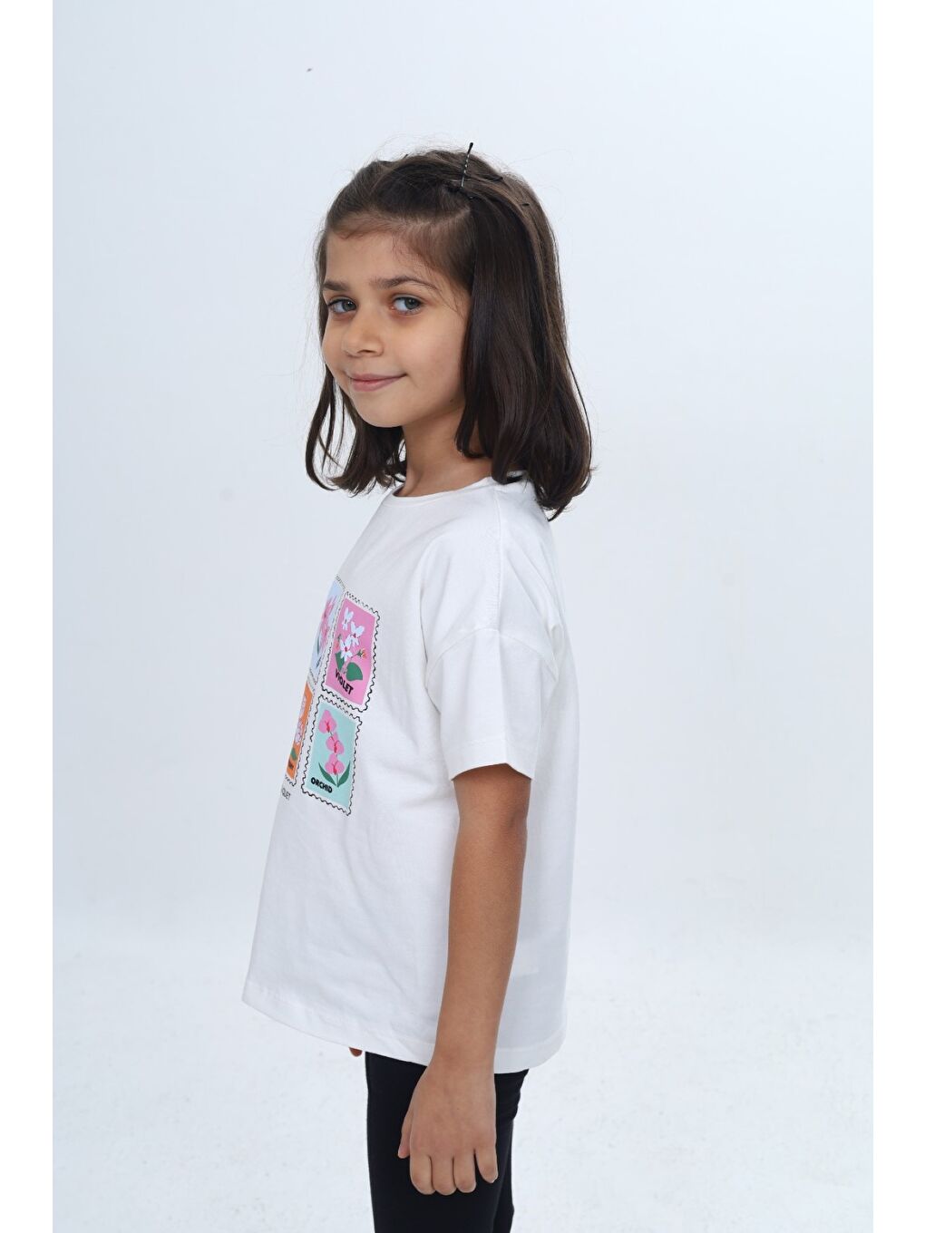 Ekru Kız Çocuk Baskılı Bisiklet Yaka Düşük Omuz Kısa Kollu Tişört 24982-1