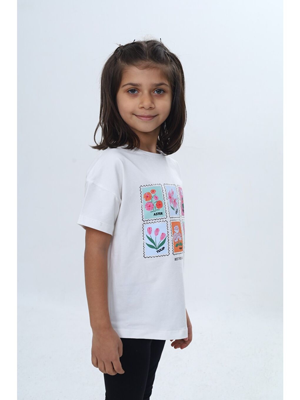 Ekru Kız Çocuk Baskılı Bisiklet Yaka Düşük Omuz Kısa Kollu Tişört 24982-2