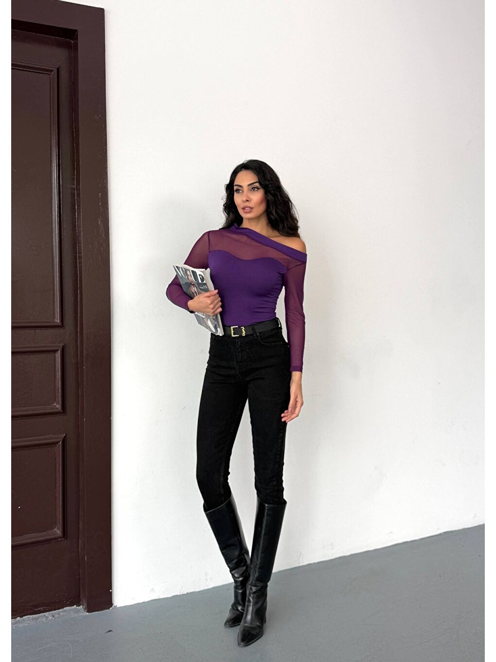 Mor Sandy Kumaş Tül Detay Bluz-1