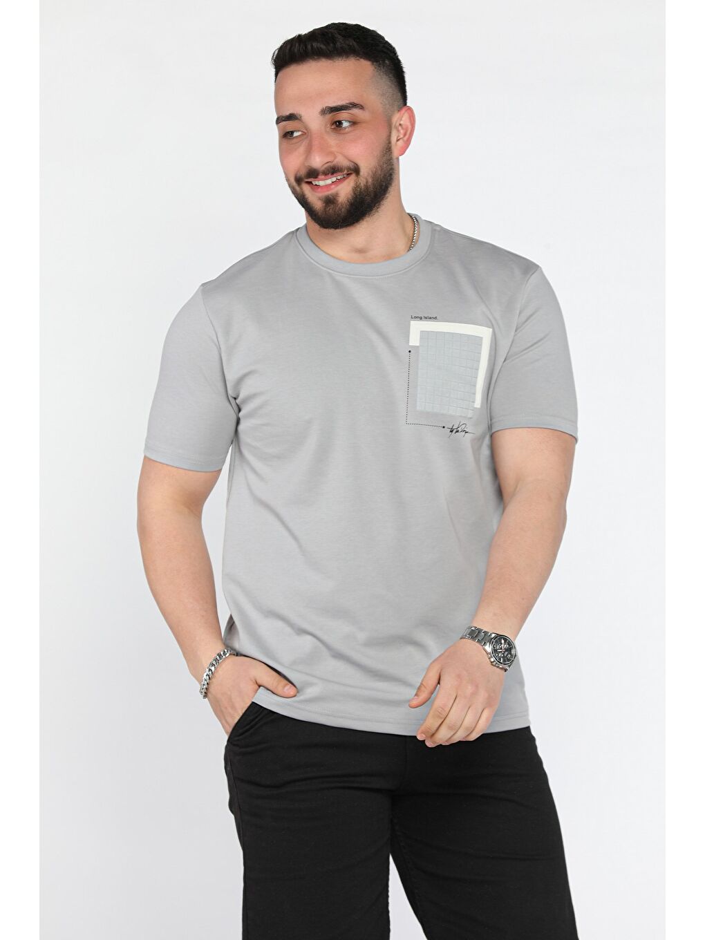 Gri Erkek Bisiklet Yaka Baskılı Tişört