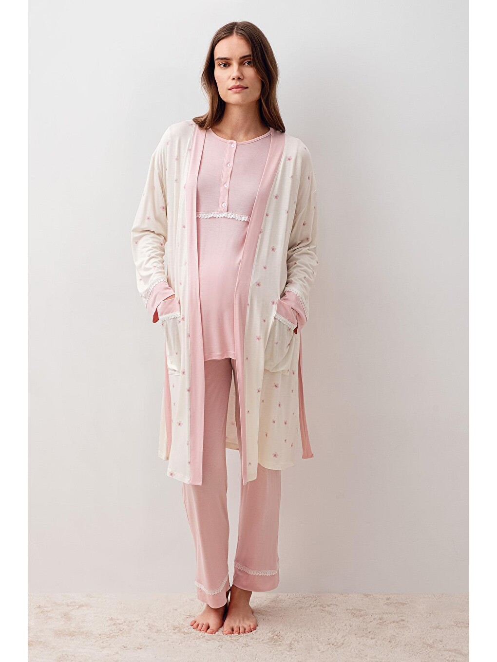 Pembe Uzun Kollu Düğmeli Desenli Elastanlı Viskoz Hamile Sabahlık Pijama Takım 20300-1