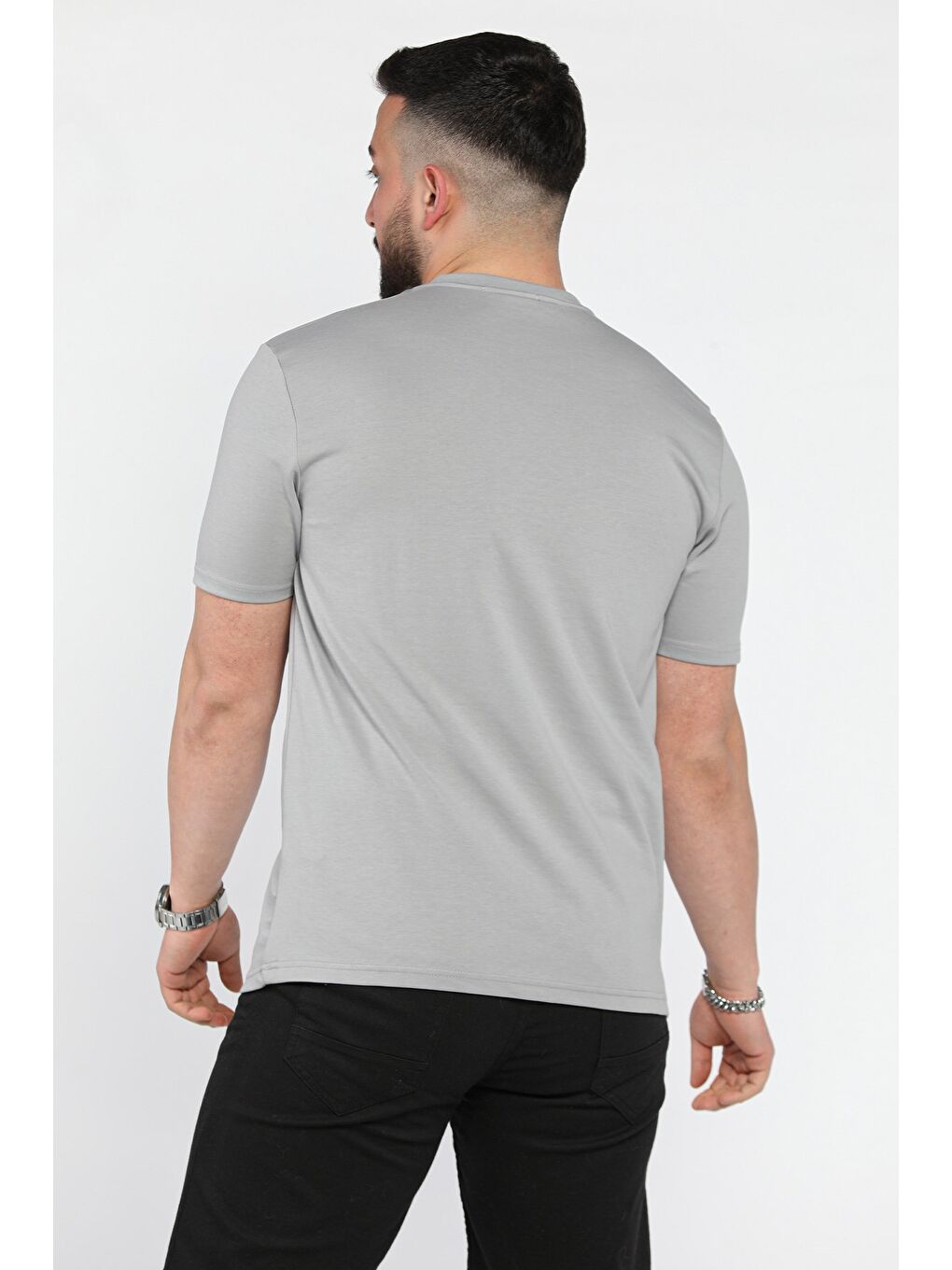 Gri Erkek Bisiklet Yaka Baskılı Tişört-2