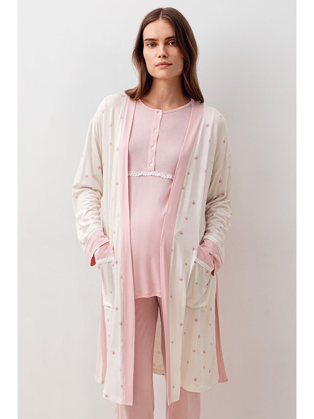 Pembe Uzun Kollu Düğmeli Desenli Elastanlı Viskoz Hamile Sabahlık Pijama Takım 20300-2