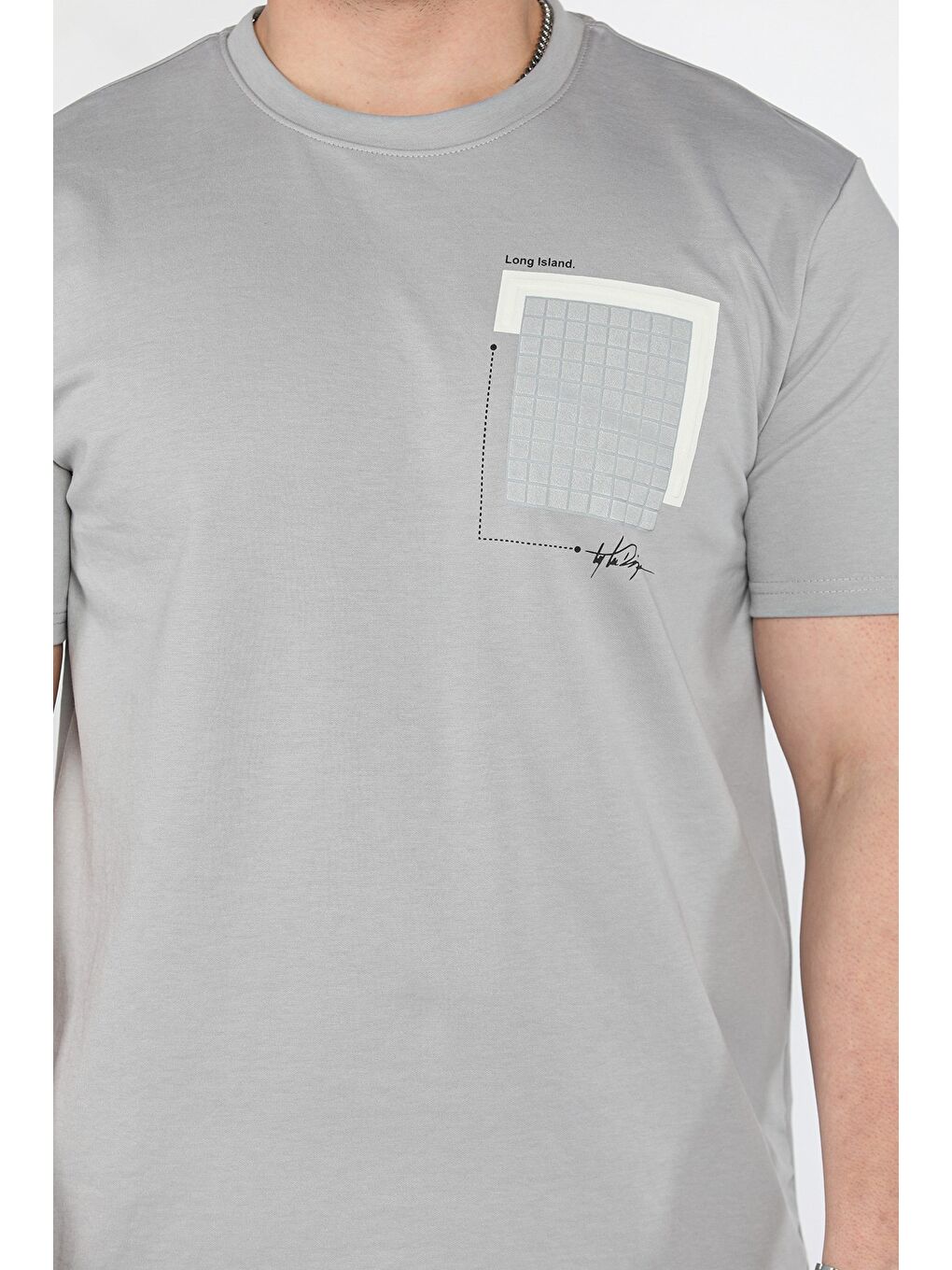 Gri Erkek Bisiklet Yaka Baskılı Tişört-3