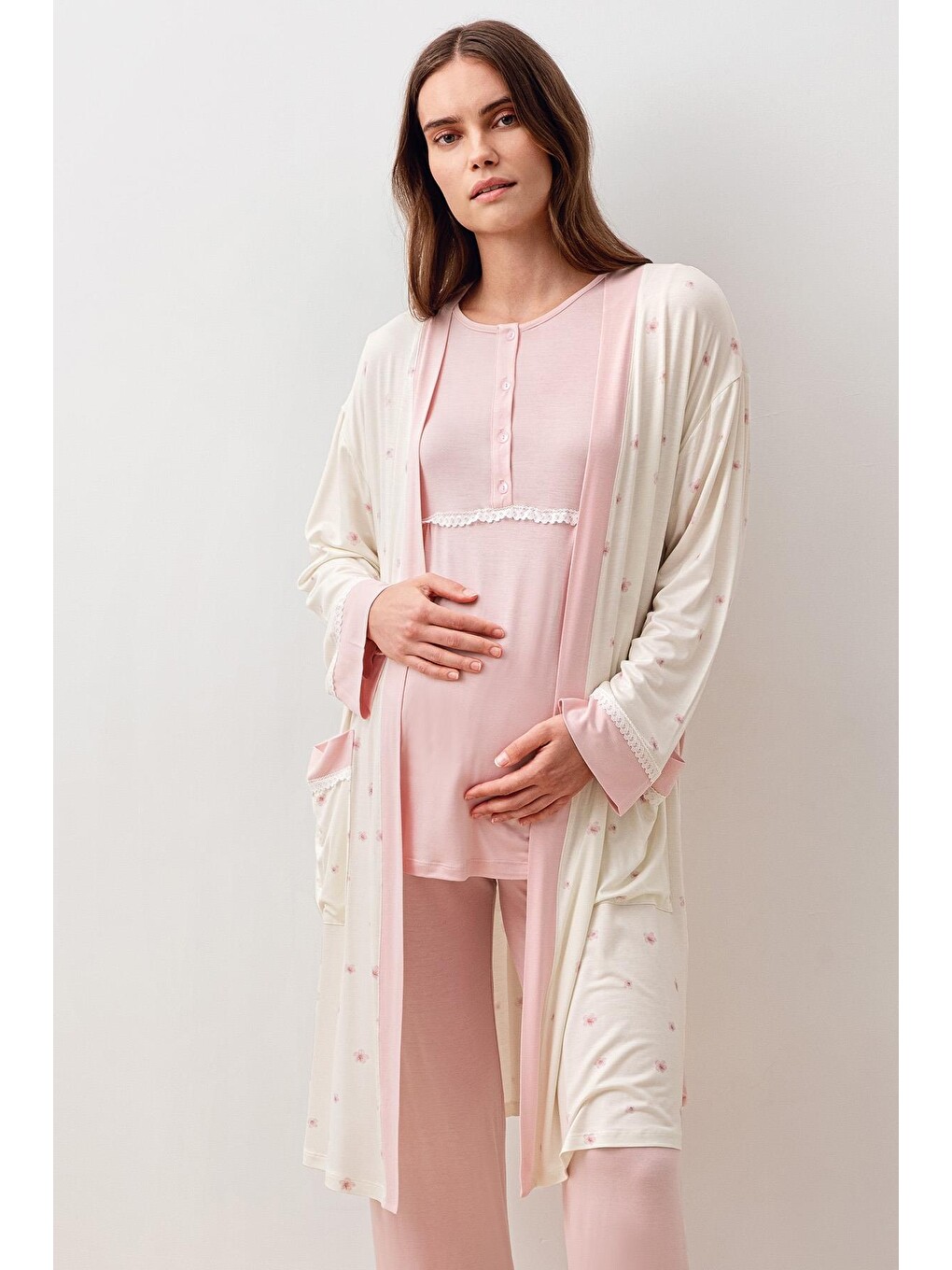 Pembe Uzun Kollu Düğmeli Desenli Elastanlı Viskoz Hamile Sabahlık Pijama Takım 20300-3