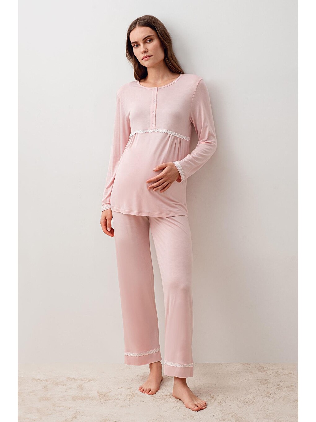 Pembe Uzun Kollu Düğmeli Desenli Elastanlı Viskoz Hamile Sabahlık Pijama Takım 20300-5