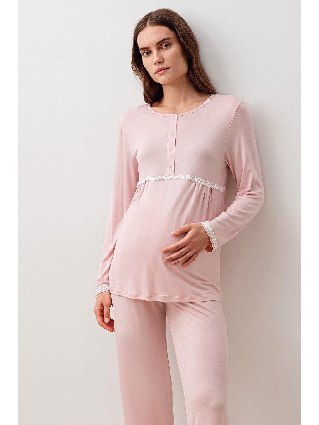 Pembe Uzun Kollu Düğmeli Desenli Elastanlı Viskoz Hamile Sabahlık Pijama Takım 20300-6