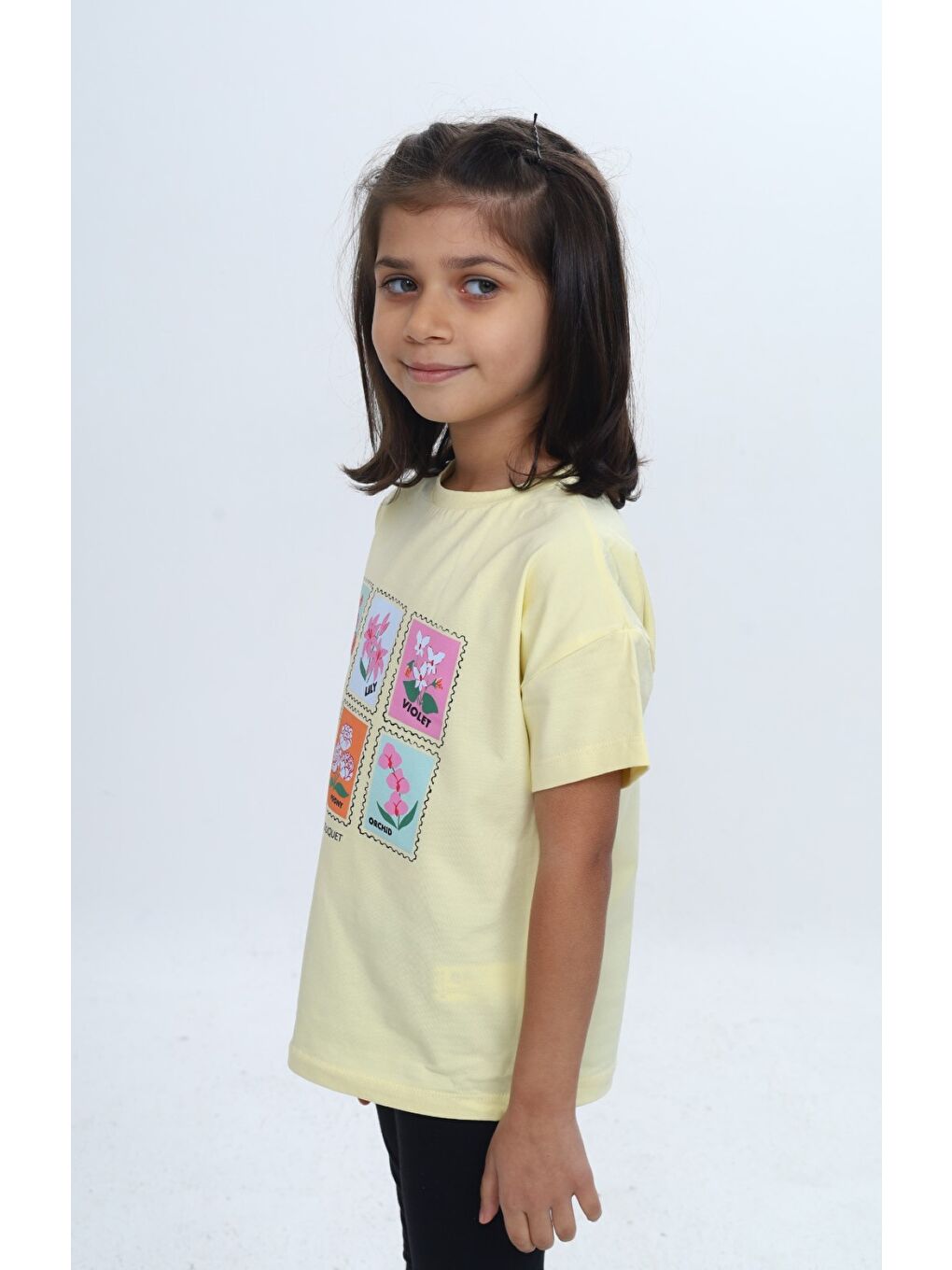 Sarı Kız Çocuk Baskılı Bisiklet Yaka Düşük Omuz Kısa Kollu Tişört 24982-1