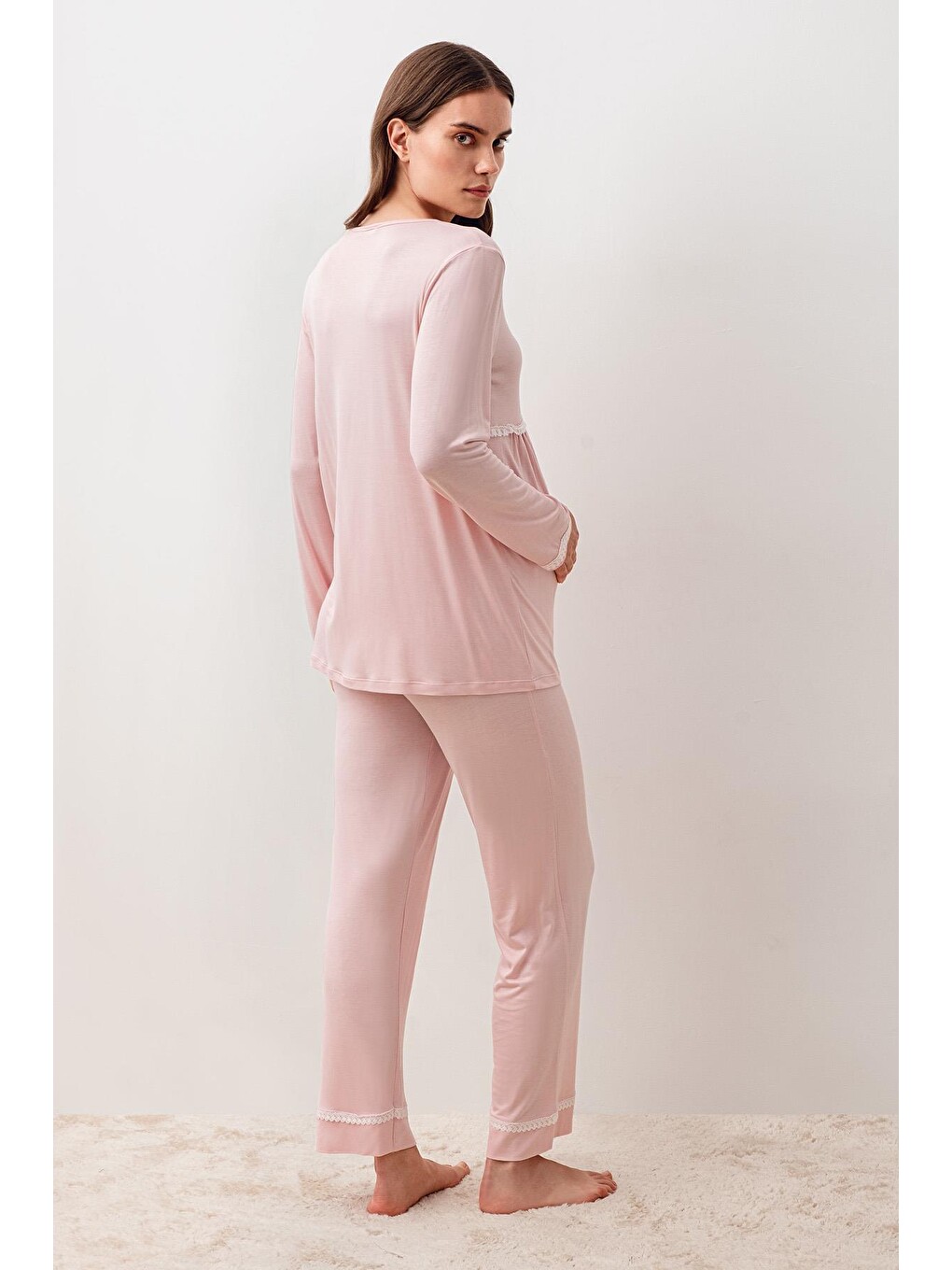 Pembe Uzun Kollu Düğmeli Desenli Elastanlı Viskoz Hamile Sabahlık Pijama Takım 20300-7