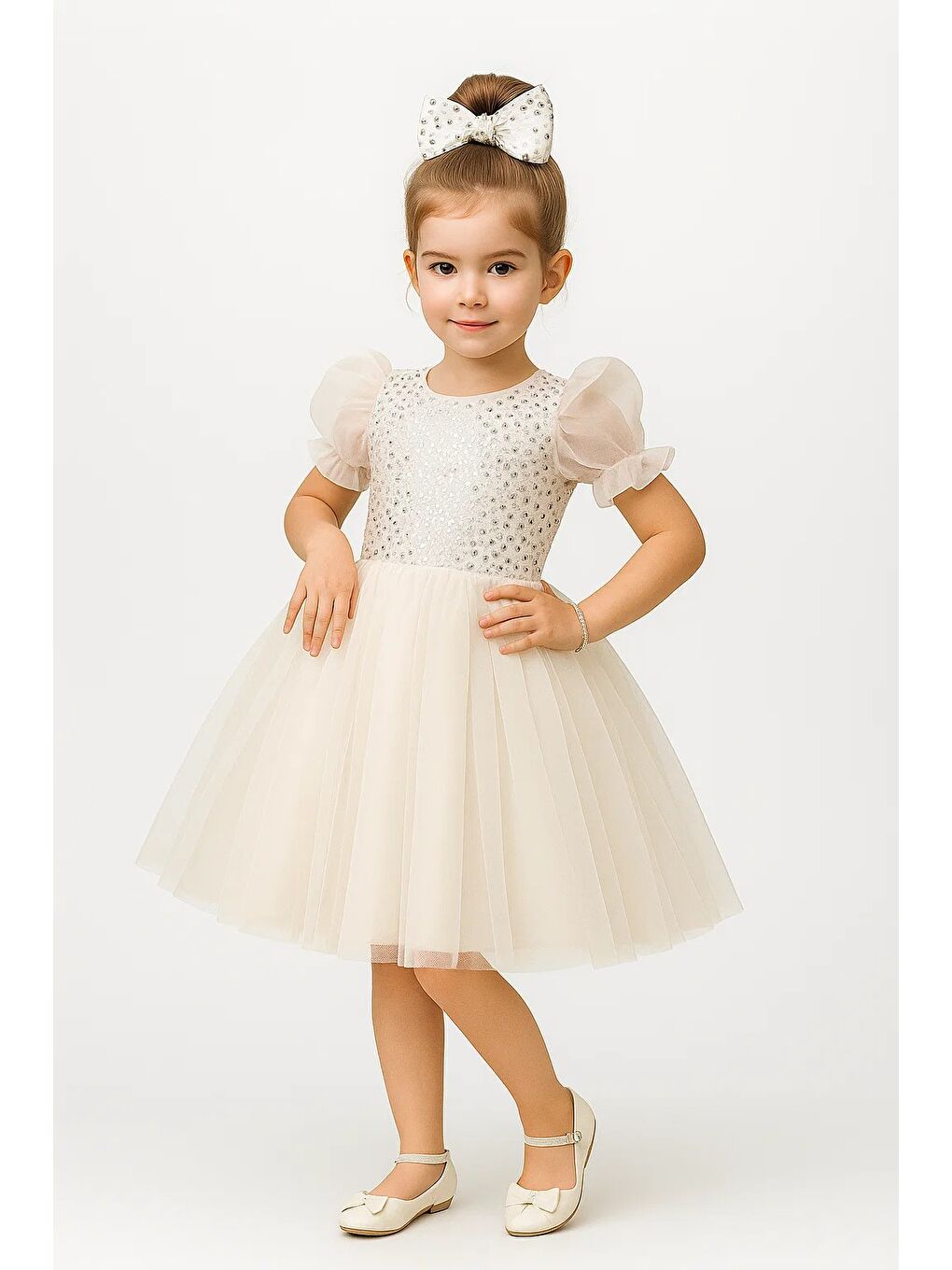 Beyaz Balon Kol Pul Payet Kız Çocuk Tütü Elbise M00751