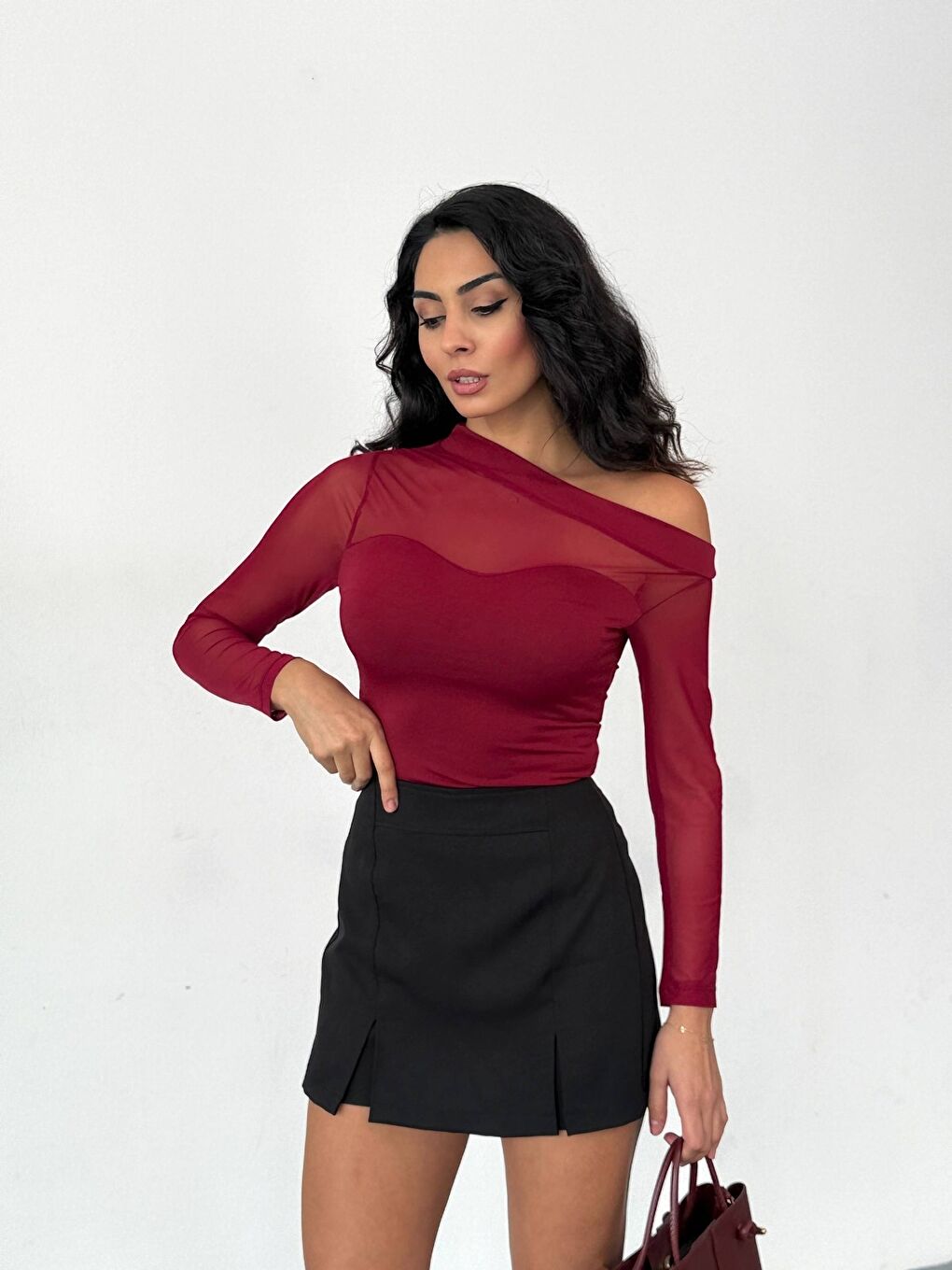 Bordo Sandy Kumaş Tül Detay Bluz-1