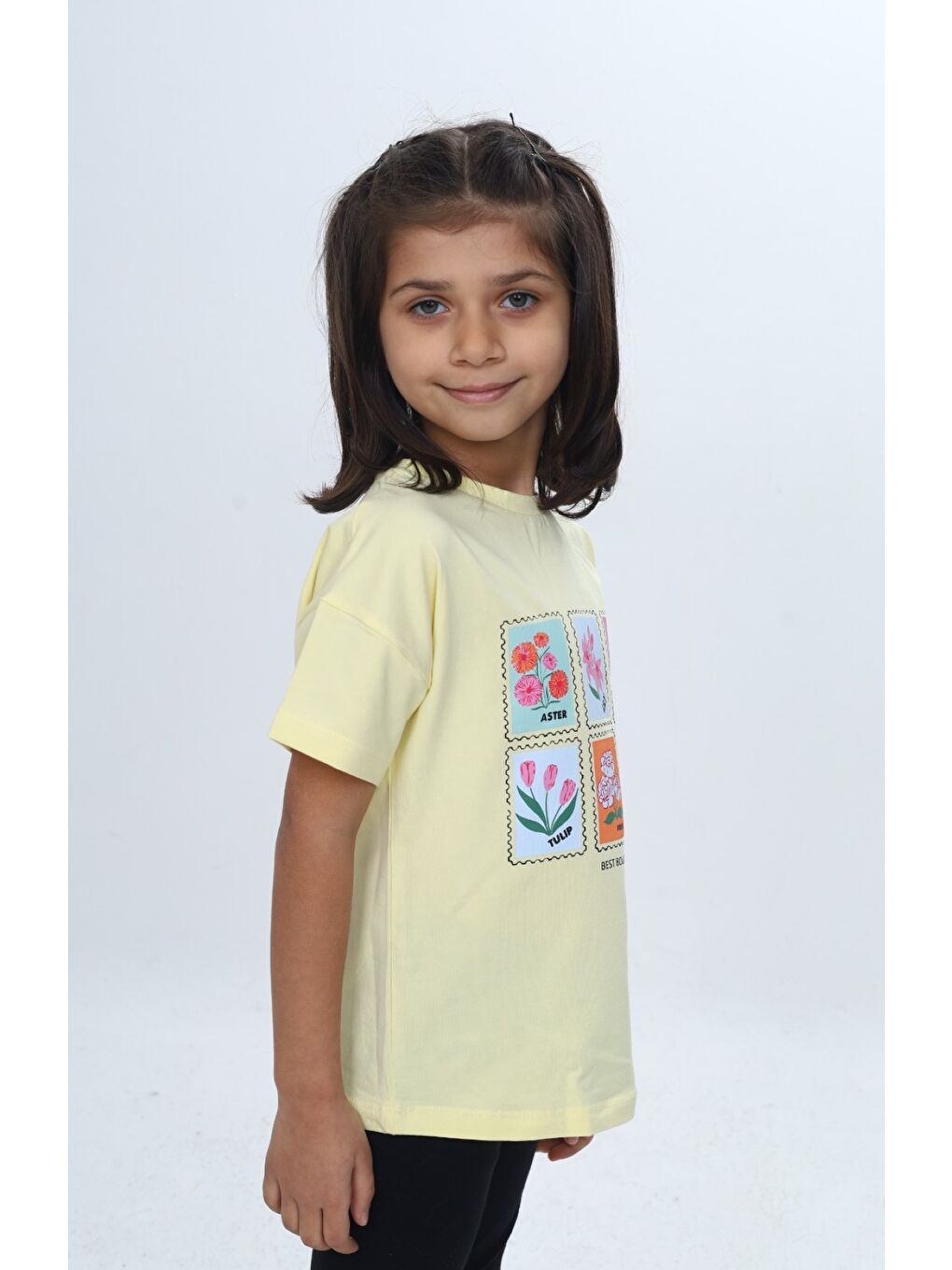 Sarı Kız Çocuk Baskılı Bisiklet Yaka Düşük Omuz Kısa Kollu Tişört 24982-2