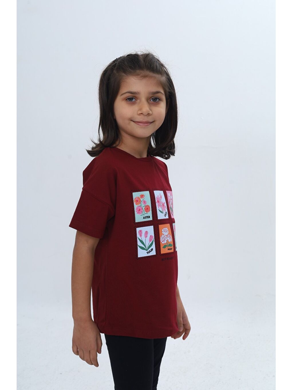 Bordo Kız Çocuk Baskılı Bisiklet Yaka Düşük Omuz Kısa Kollu Tişört 24982-1