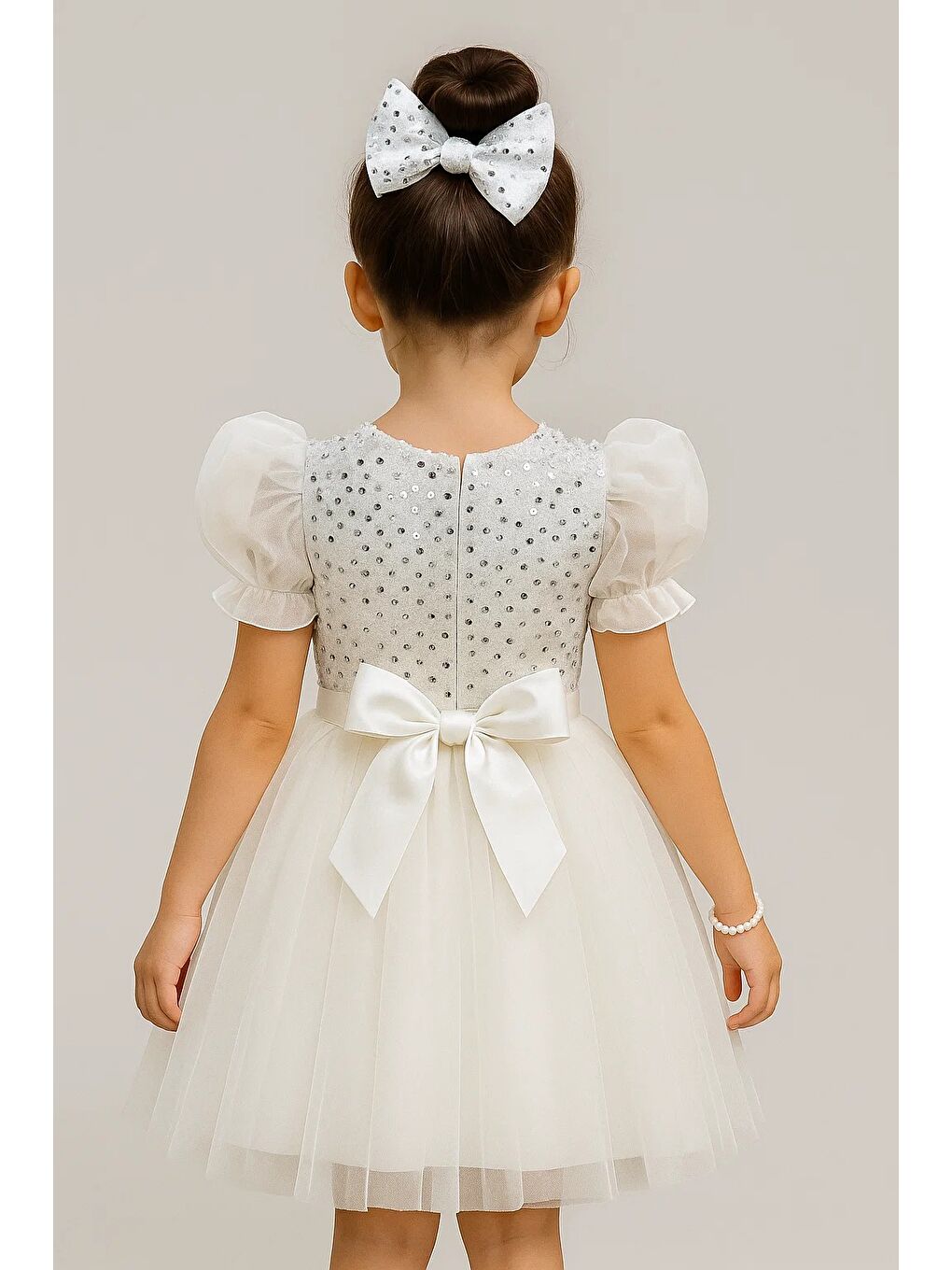Beyaz Balon Kol Pul Payet Kız Çocuk Tütü Elbise M00751-1