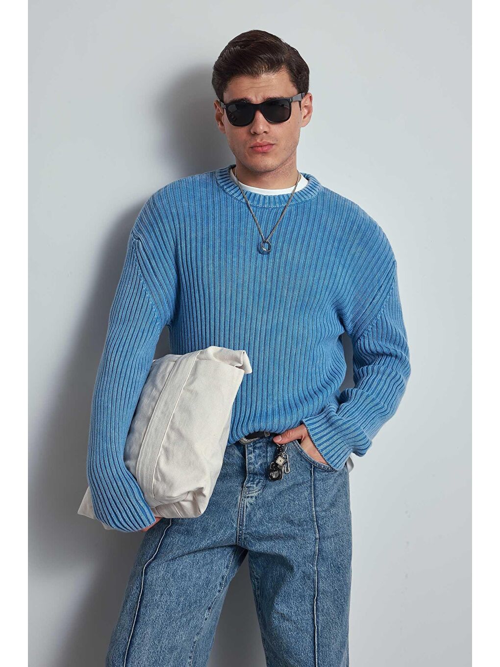 Erkek Oversize Yıkamalı Efektli Basic Kazak Mavi-2