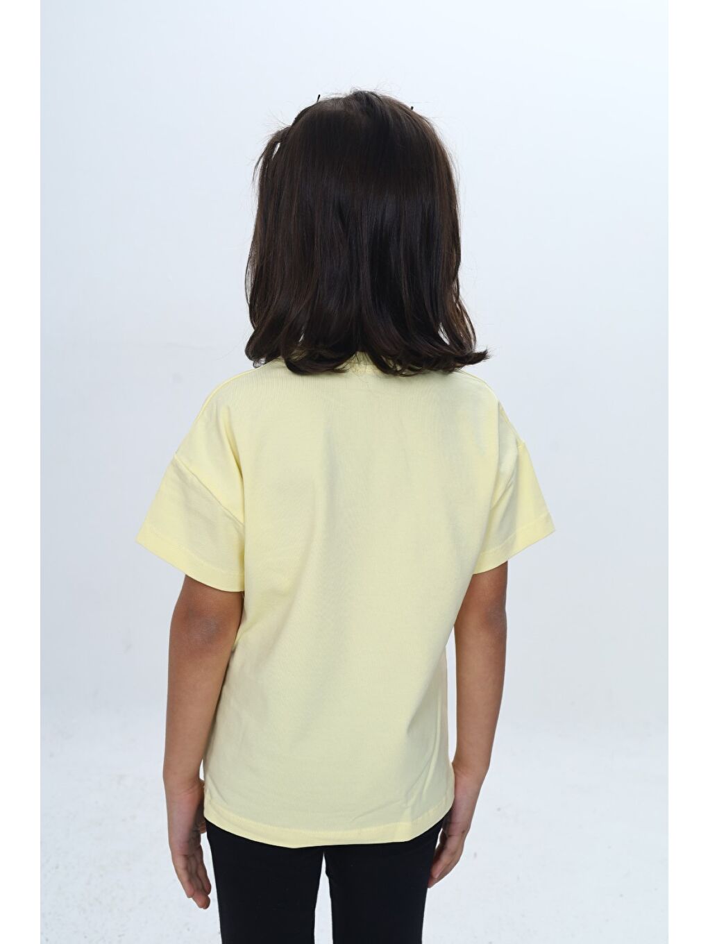Sarı Kız Çocuk Baskılı Bisiklet Yaka Düşük Omuz Kısa Kollu Tişört 24982-3