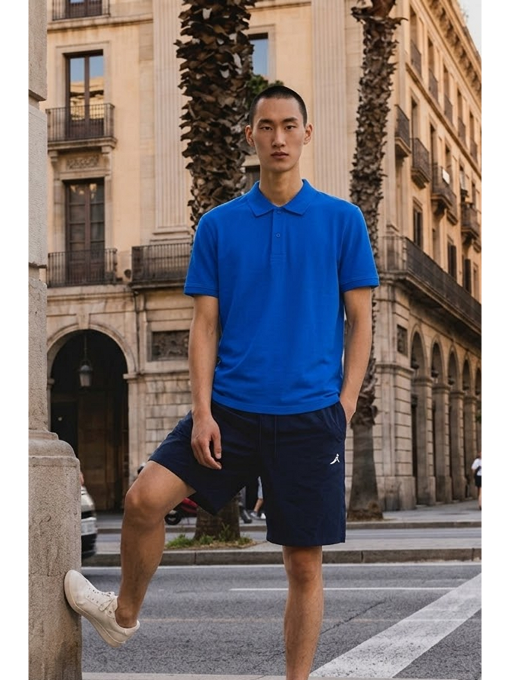 Erkek Basic Bol Mavi Polo Yaka Tişört-2