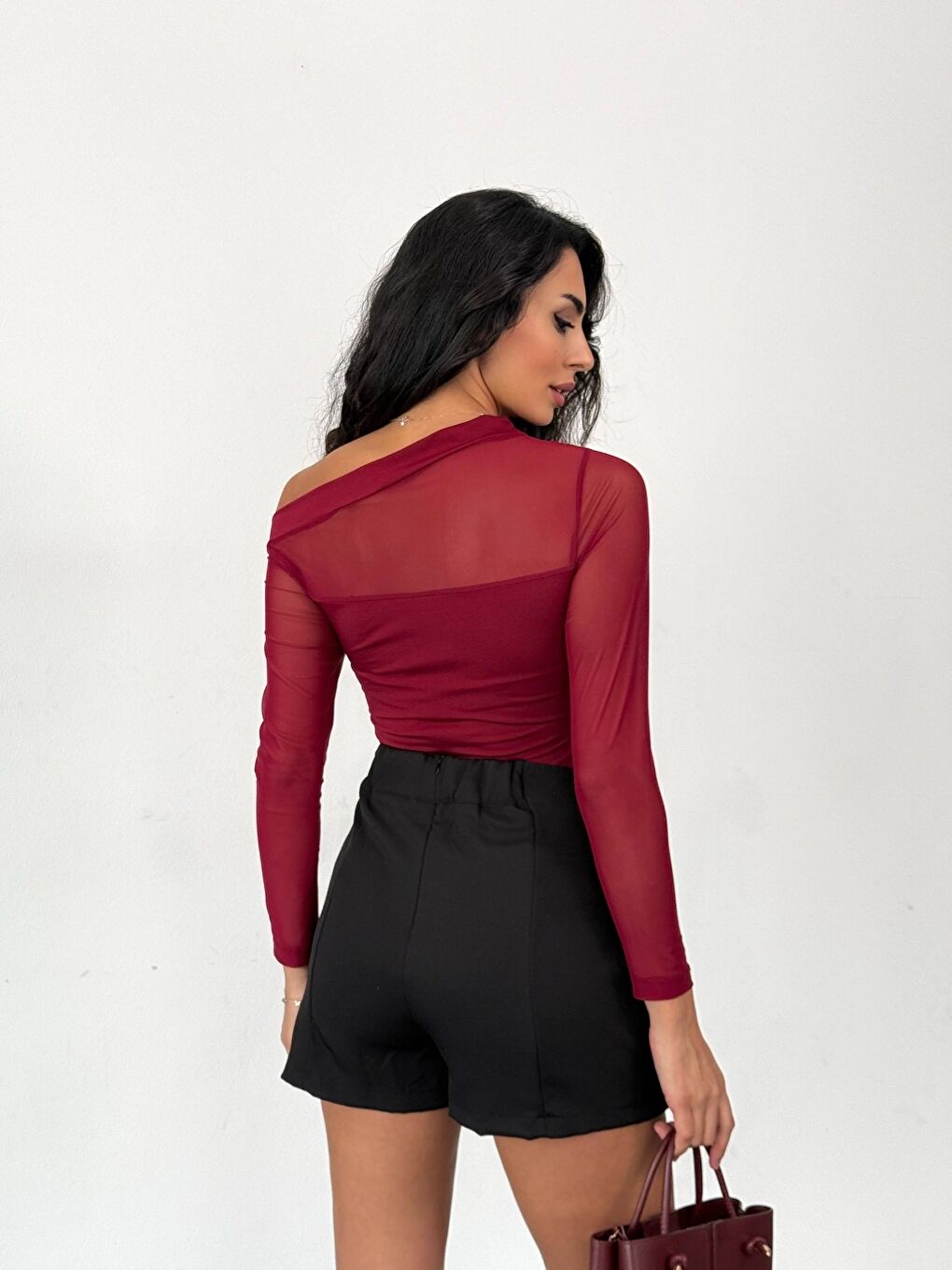 Bordo Sandy Kumaş Tül Detay Bluz-3