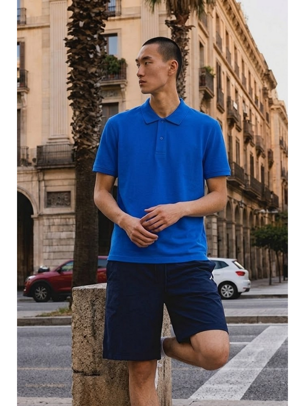 Erkek Basic Bol Mavi Polo Yaka Tişört-3