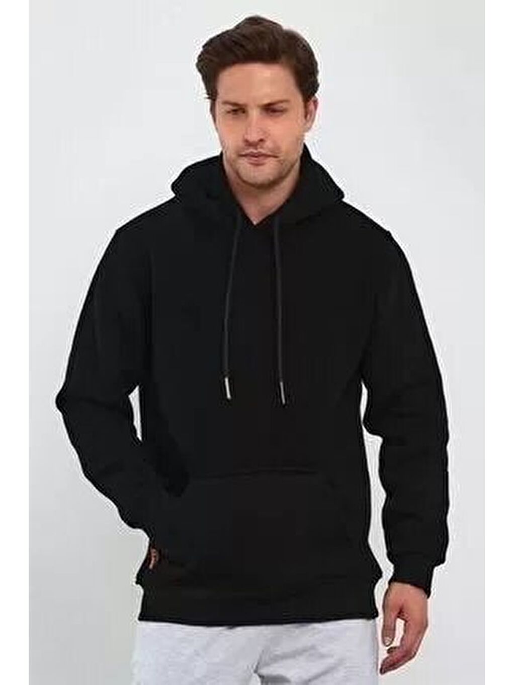 Siyah Erkek Uzun Kol Kapüşonlu Basic Hoodie-1