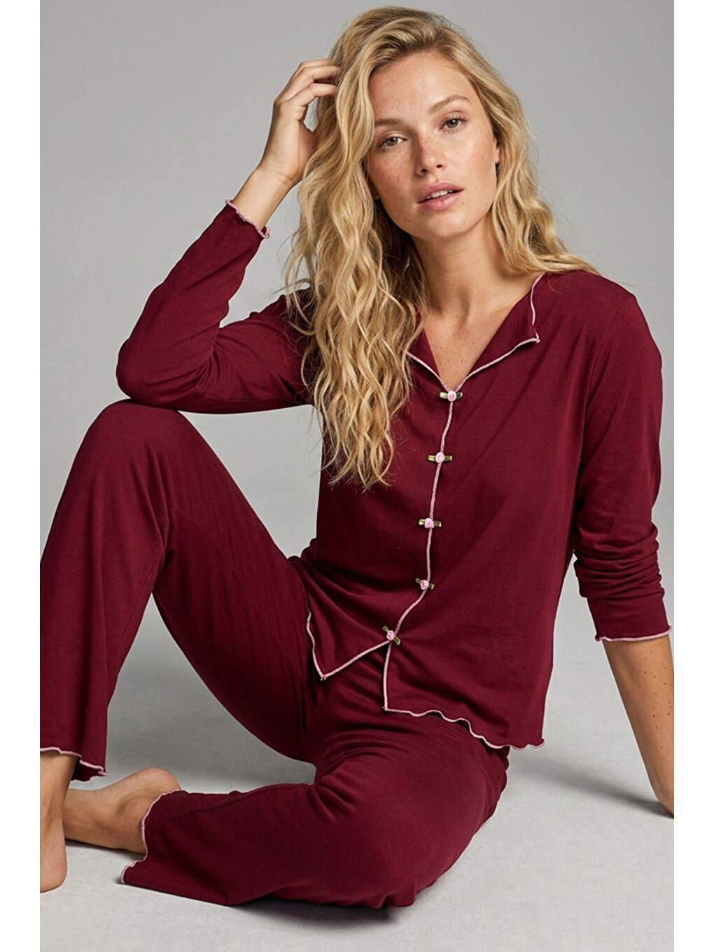 Bordo Aksesuarlı Uzun Kollu Pijama Takım 7939