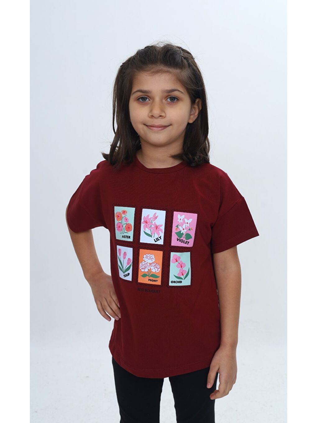 Bordo Kız Çocuk Baskılı Bisiklet Yaka Düşük Omuz Kısa Kollu Tişört 24982-2