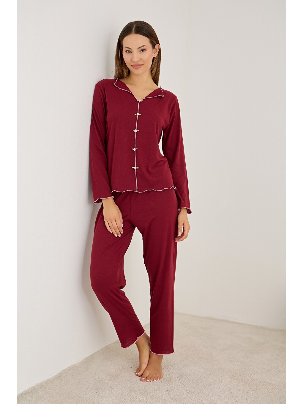 Bordo Aksesuarlı Uzun Kollu Pijama Takım 7939-1