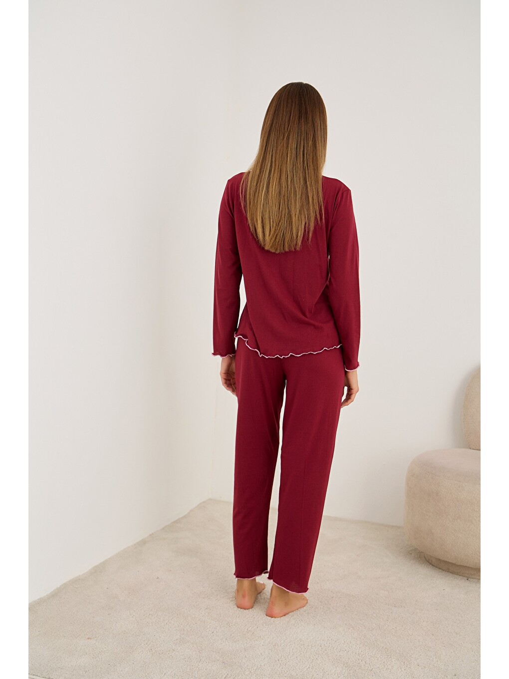 Bordo Aksesuarlı Uzun Kollu Pijama Takım 7939-2
