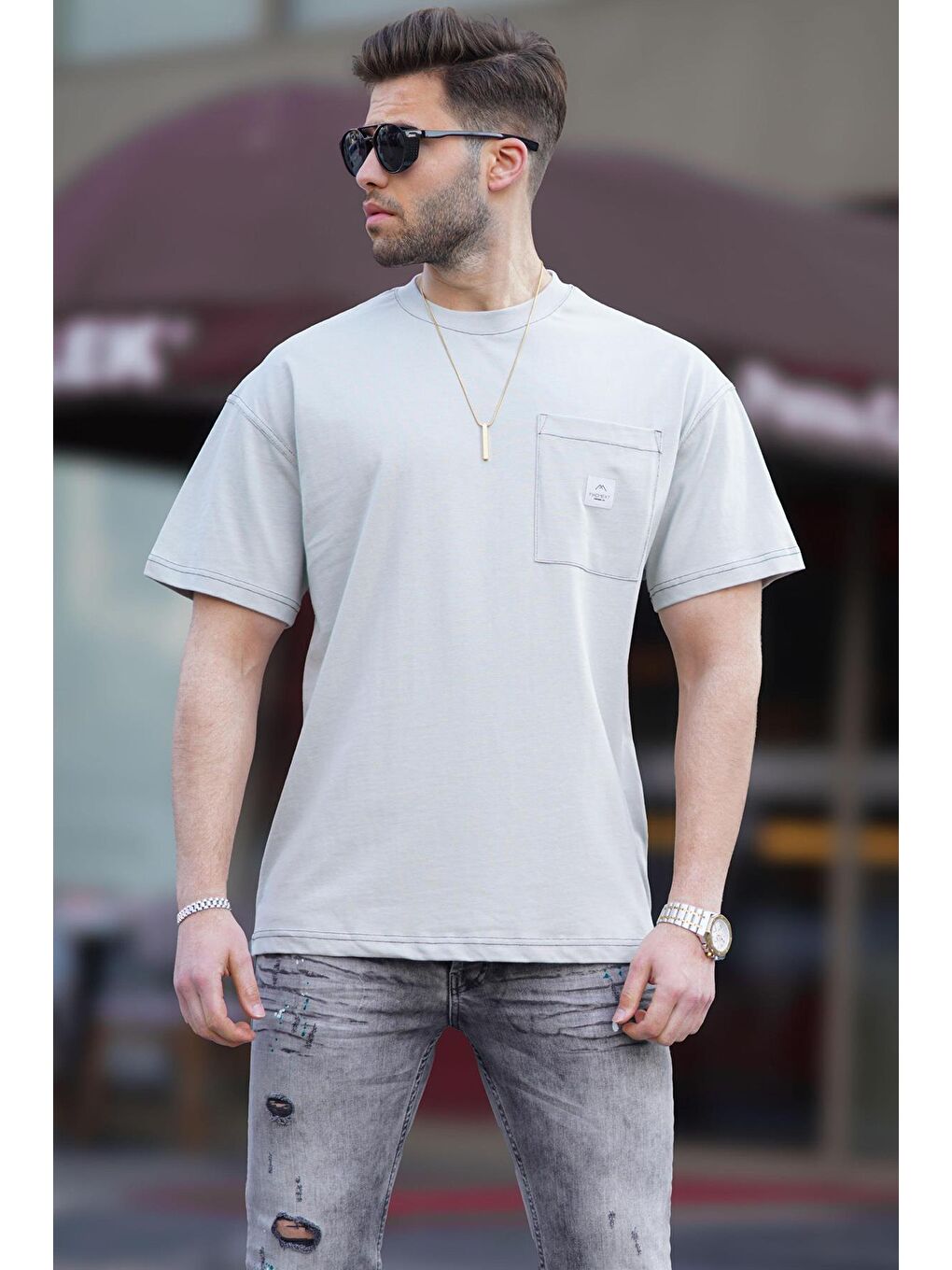 Boyalı Gri Oversize Cep Detaylı Erkek %100 Pamuk Tişört 7001