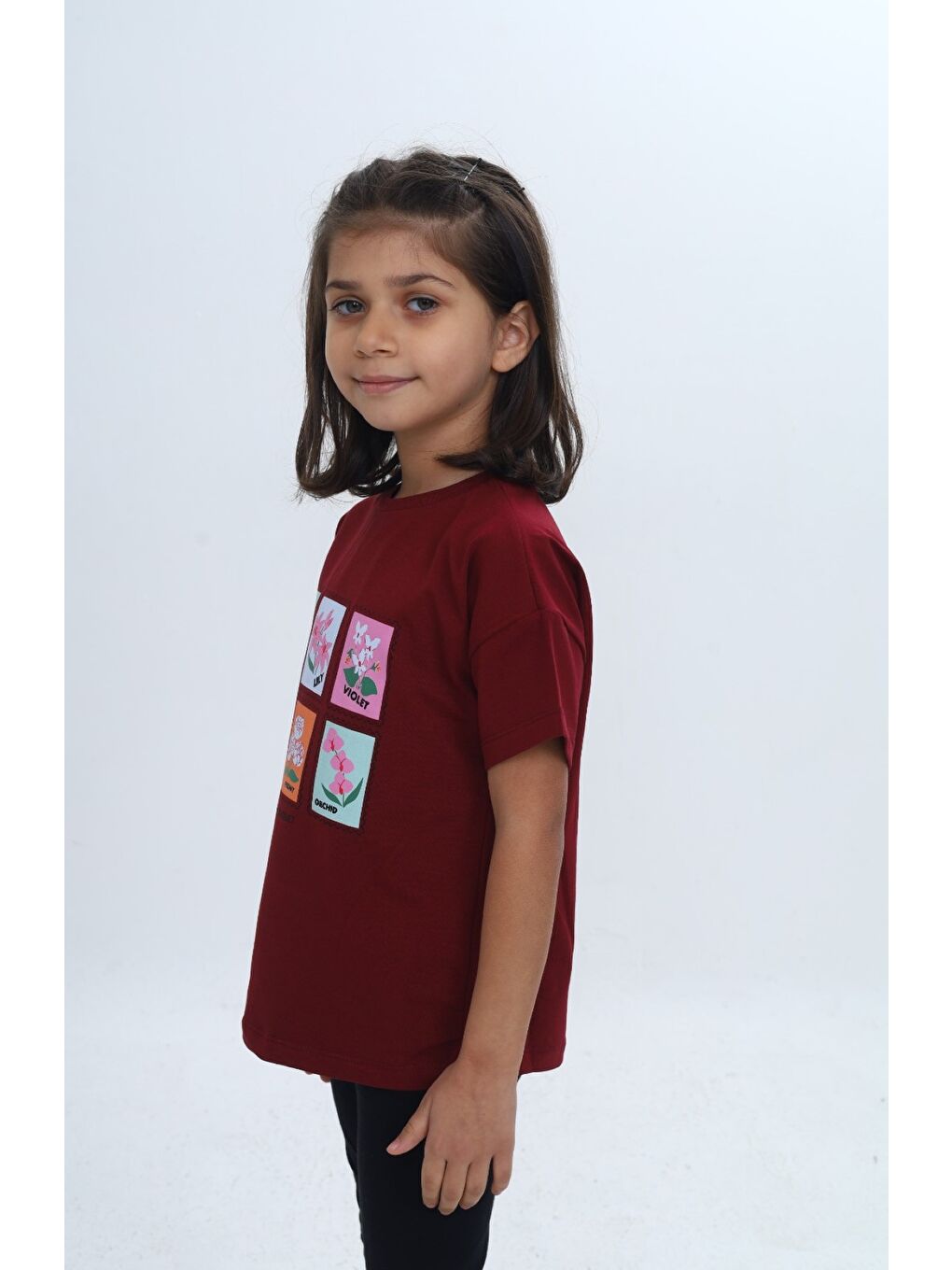 Bordo Kız Çocuk Baskılı Bisiklet Yaka Düşük Omuz Kısa Kollu Tişört 24982-3