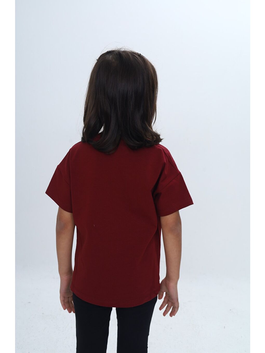 Bordo Kız Çocuk Baskılı Bisiklet Yaka Düşük Omuz Kısa Kollu Tişört 24982-4