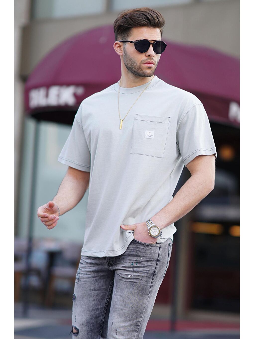 Boyalı Gri Oversize Cep Detaylı Erkek %100 Pamuk Tişört 7001-1