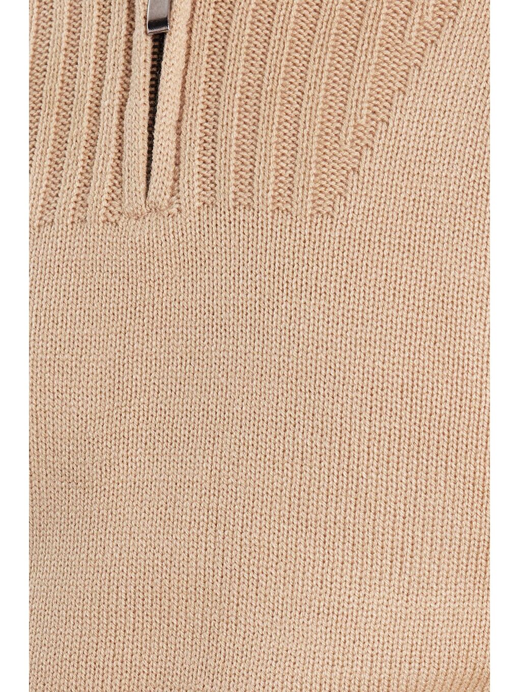 Bej Erkek Slim Fit Dar Kesim Armürlü Fermuarlı Taş Dik Yaka Kazak-5